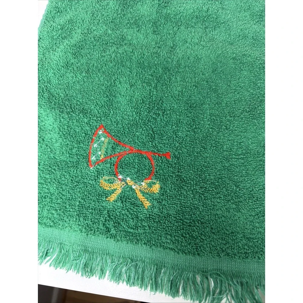 VTG Hand Towel Hunter Green Embroidery HolidayCannon USA Fringed‎ Cottagecore